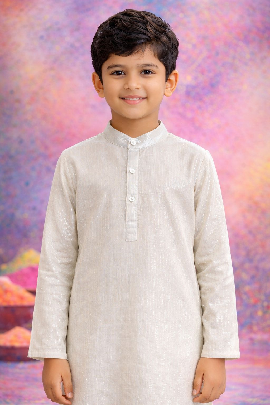 Pspeaches Boys White Ethnic Shibori A-Line Cotton Kurta With Pyjamas ( Sku-Kp-Lurexsilver )