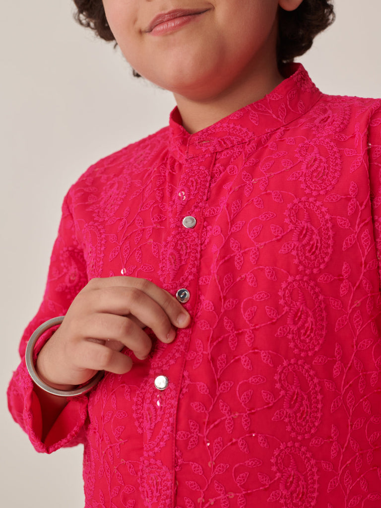 Boys Floral Embroidered Regular Thread Work Kurta With Pyjamas (KP-MAGENTAGGTSEQ)
