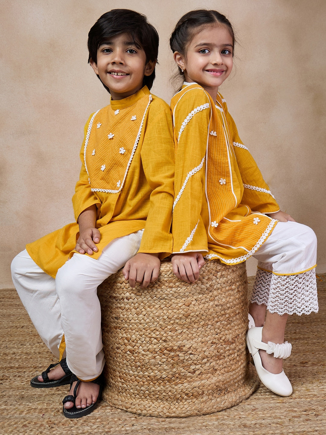 Boys Mandarin Collar Floral Yoke Design Regular Thread Work Kurta With Dhoti Pants (KP-MUSTARDSLUB)