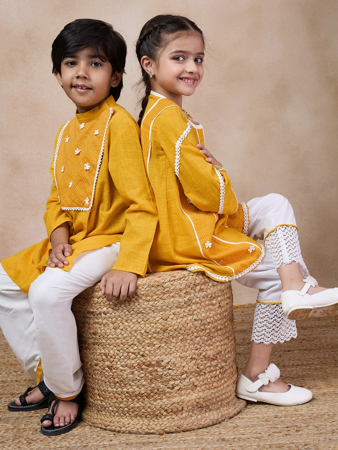 Boys Mandarin Collar Floral Yoke Design Regular Thread Work Kurta With Dhoti Pants (KP-MUSTARDSLUB)