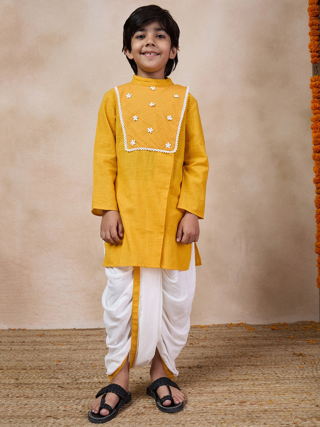Boys Mandarin Collar Floral Yoke Design Regular Thread Work Kurta With Dhoti Pants (KP-MUSTARDSLUB)