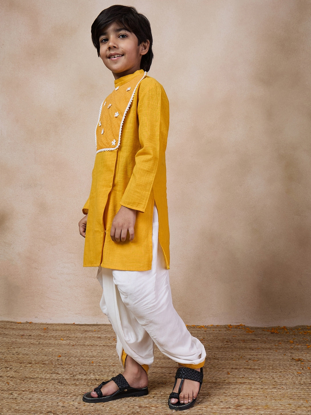 Boys Mandarin Collar Floral Yoke Design Regular Thread Work Kurta With Dhoti Pants (KP-MUSTARDSLUB)