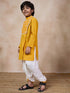 Boys Mandarin Collar Floral Yoke Design Regular Thread Work Kurta With Dhoti Pants (KP-MUSTARDSLUB)