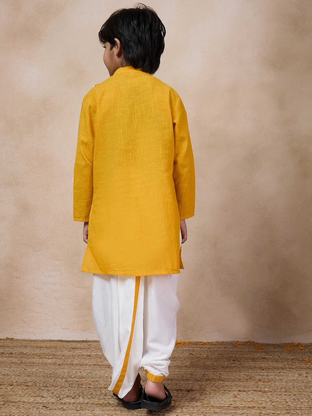 Boys Mandarin Collar Floral Yoke Design Regular Thread Work Kurta With Dhoti Pants (KP-MUSTARDSLUB)