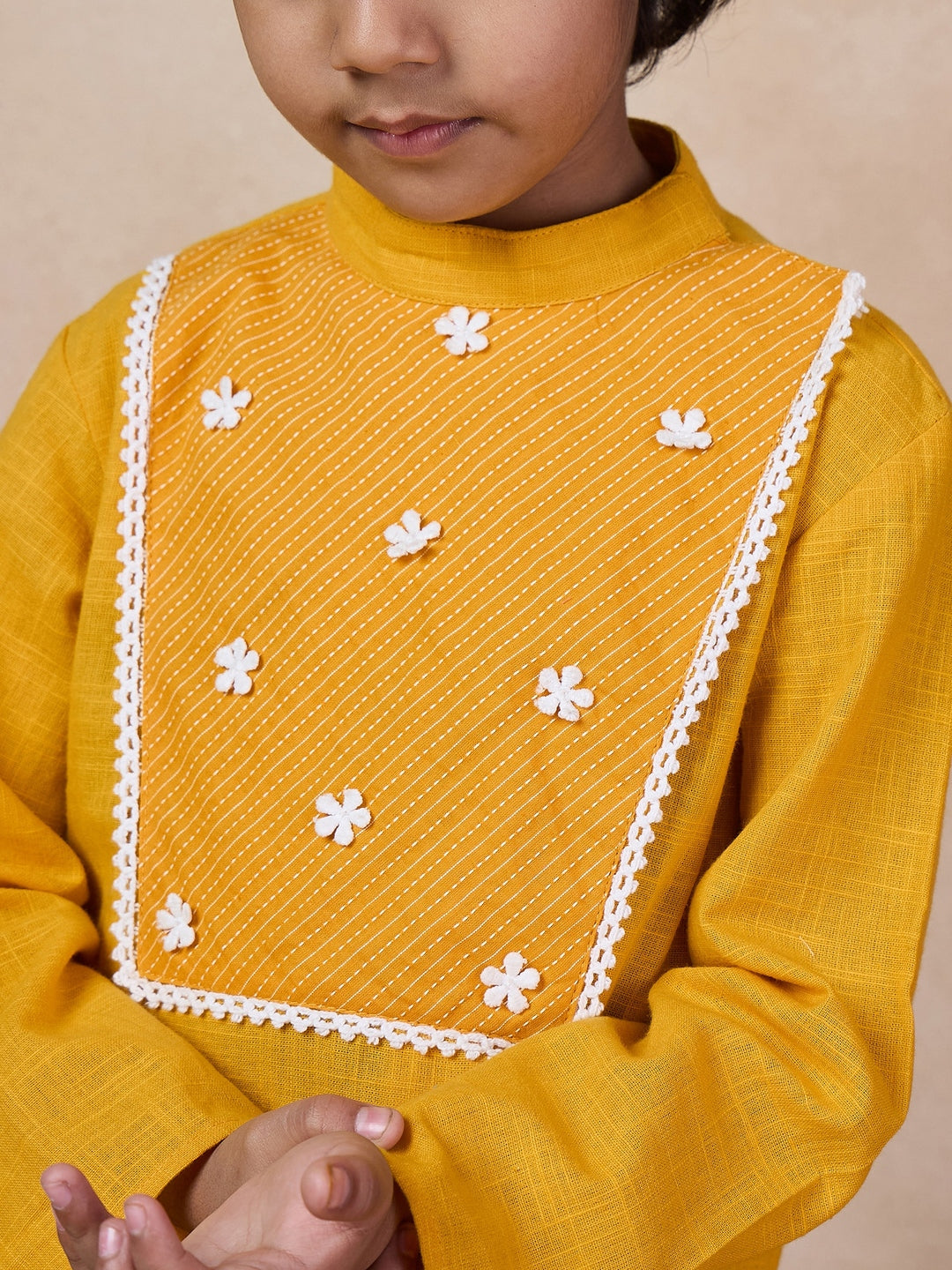 Boys Mandarin Collar Floral Yoke Design Regular Thread Work Kurta With Dhoti Pants (KP-MUSTARDSLUB)