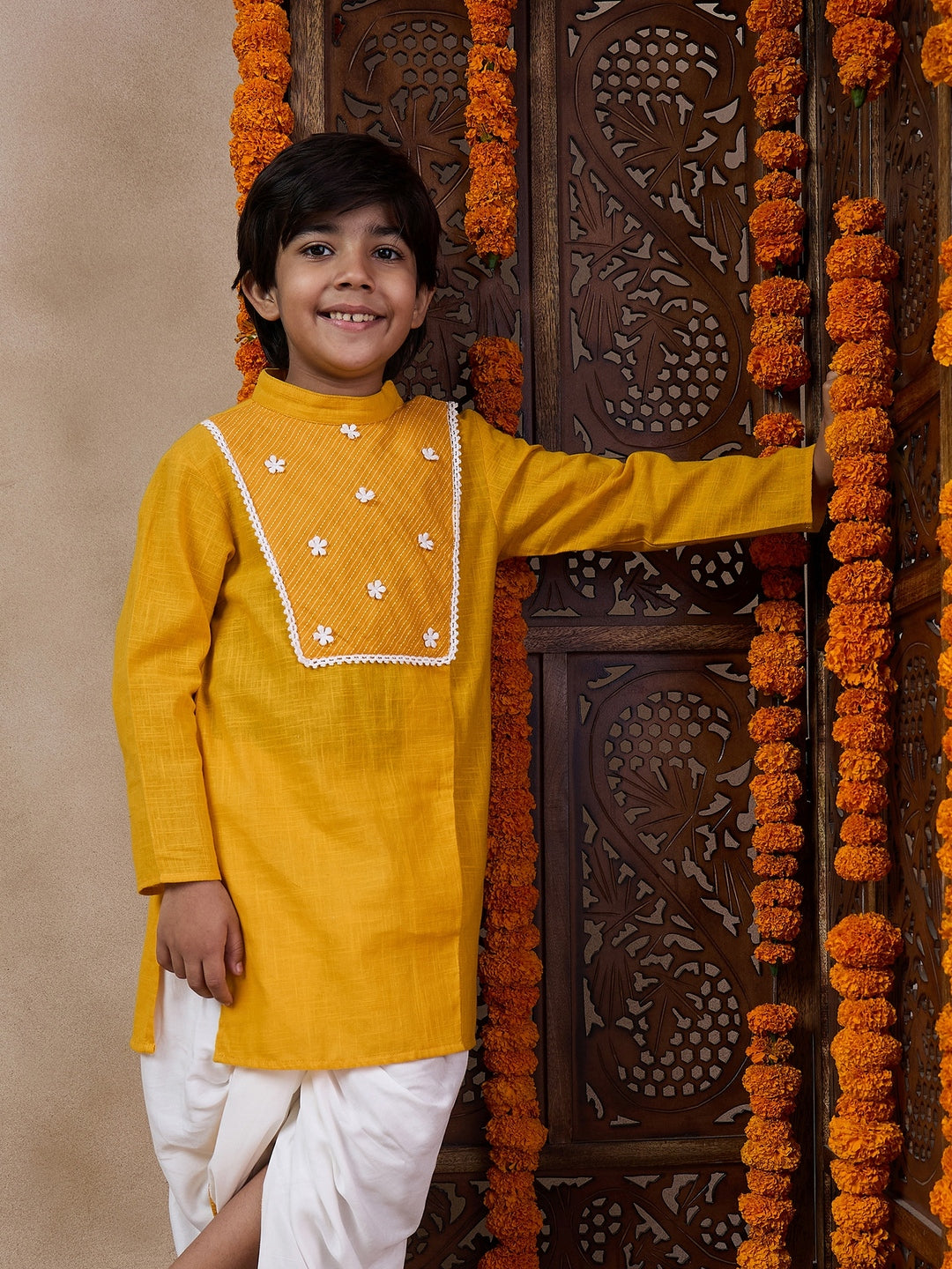 Boys Mandarin Collar Floral Yoke Design Regular Thread Work Kurta With Dhoti Pants (KP-MUSTARDSLUB)