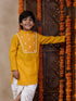 Boys Mandarin Collar Floral Yoke Design Regular Thread Work Kurta With Dhoti Pants (KP-MUSTARDSLUB)