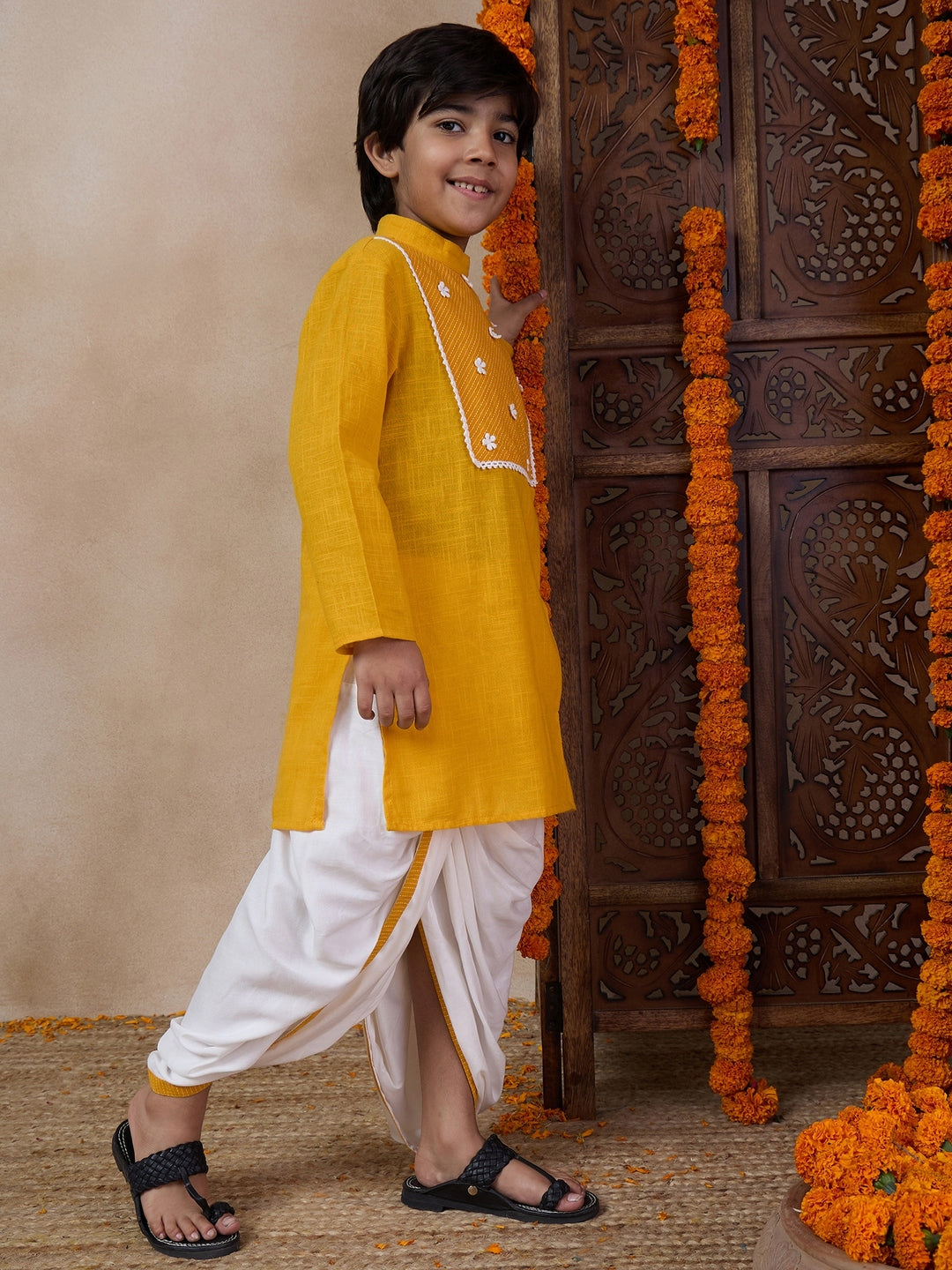 Boys Mandarin Collar Floral Yoke Design Regular Thread Work Kurta With Dhoti Pants (KP-MUSTARDSLUB)