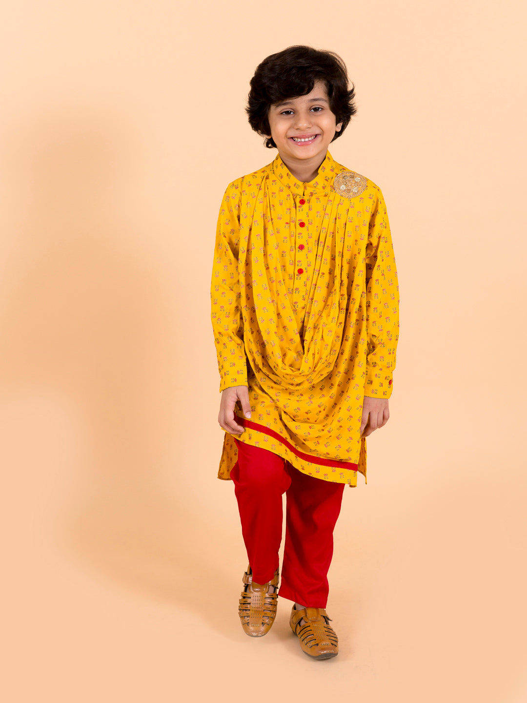 Pspeaches Boys Mustard Yellow Floral Pure Cotton Kurti with Trousers & Dupatta (KP-mustardcowl)