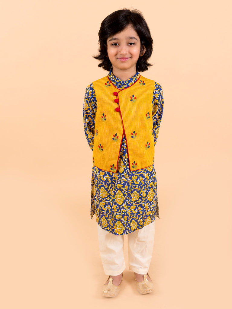 Boys Navy Blue Floral Printed Pure Cotton Kurta with Trousers & With Dupatta (Kp-Navyjaal)