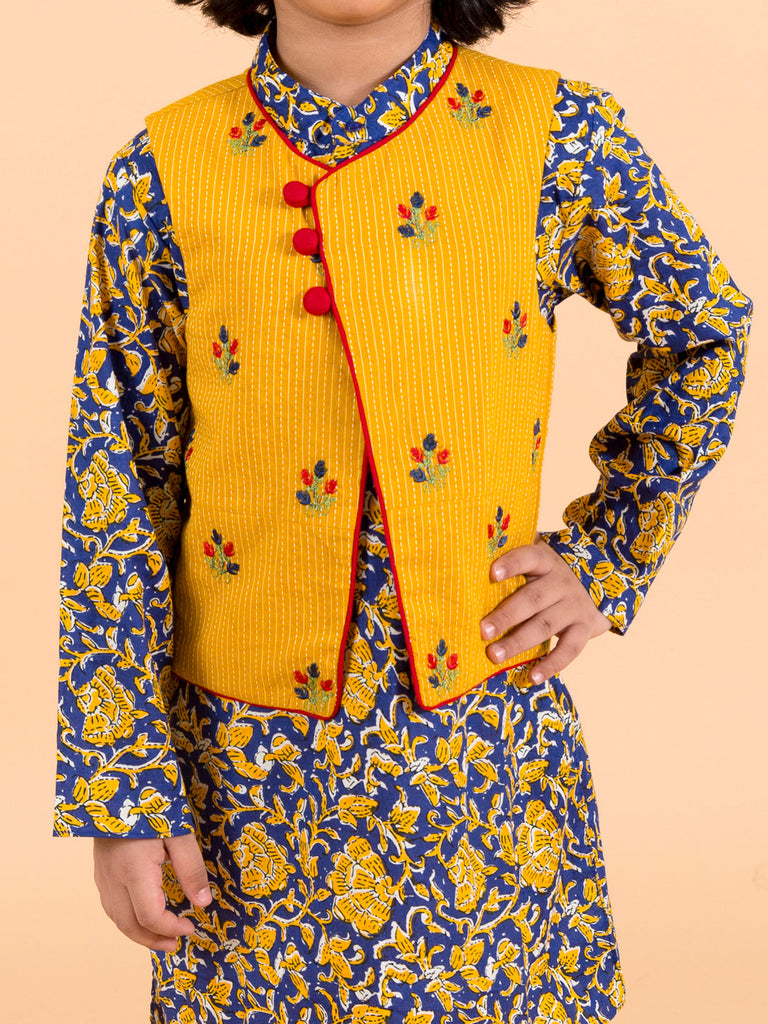 Boys Navy Blue Floral Printed Pure Cotton Kurta with Trousers & With Dupatta (Kp-Navyjaal)