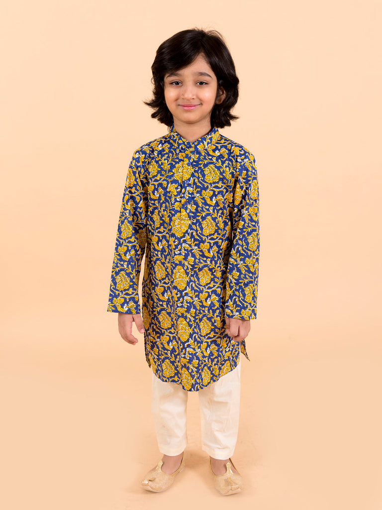 Boys Navy Blue Floral Printed Pure Cotton Kurta with Trousers & With Dupatta (Kp-Navyjaal)