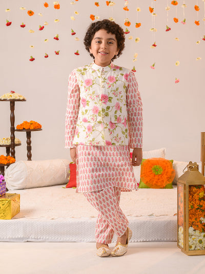 Boys Floral Printed Regular Pure Cotton Kurta With Pyjamas And Nehru Jaket (KP-OFFWHITEPINK)
