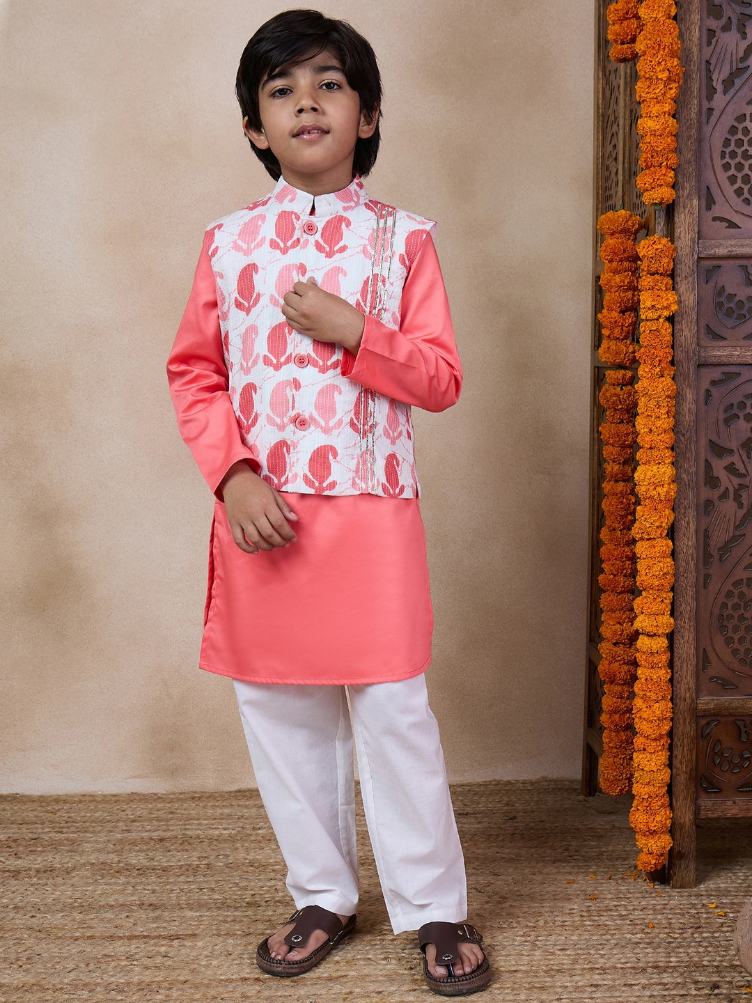 Boys Mandarin Collar Long Sleeves Straight Kurta With Pyjamas Jacket (KP-PEACHDOBBY)