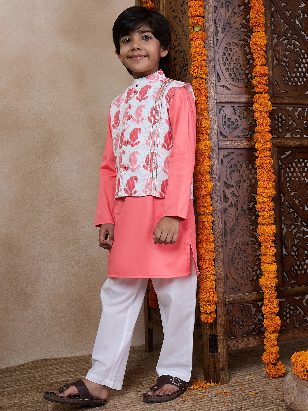 Boys Mandarin Collar Long Sleeves Straight Kurta With Pyjamas Jacket (KP-PEACHDOBBY)