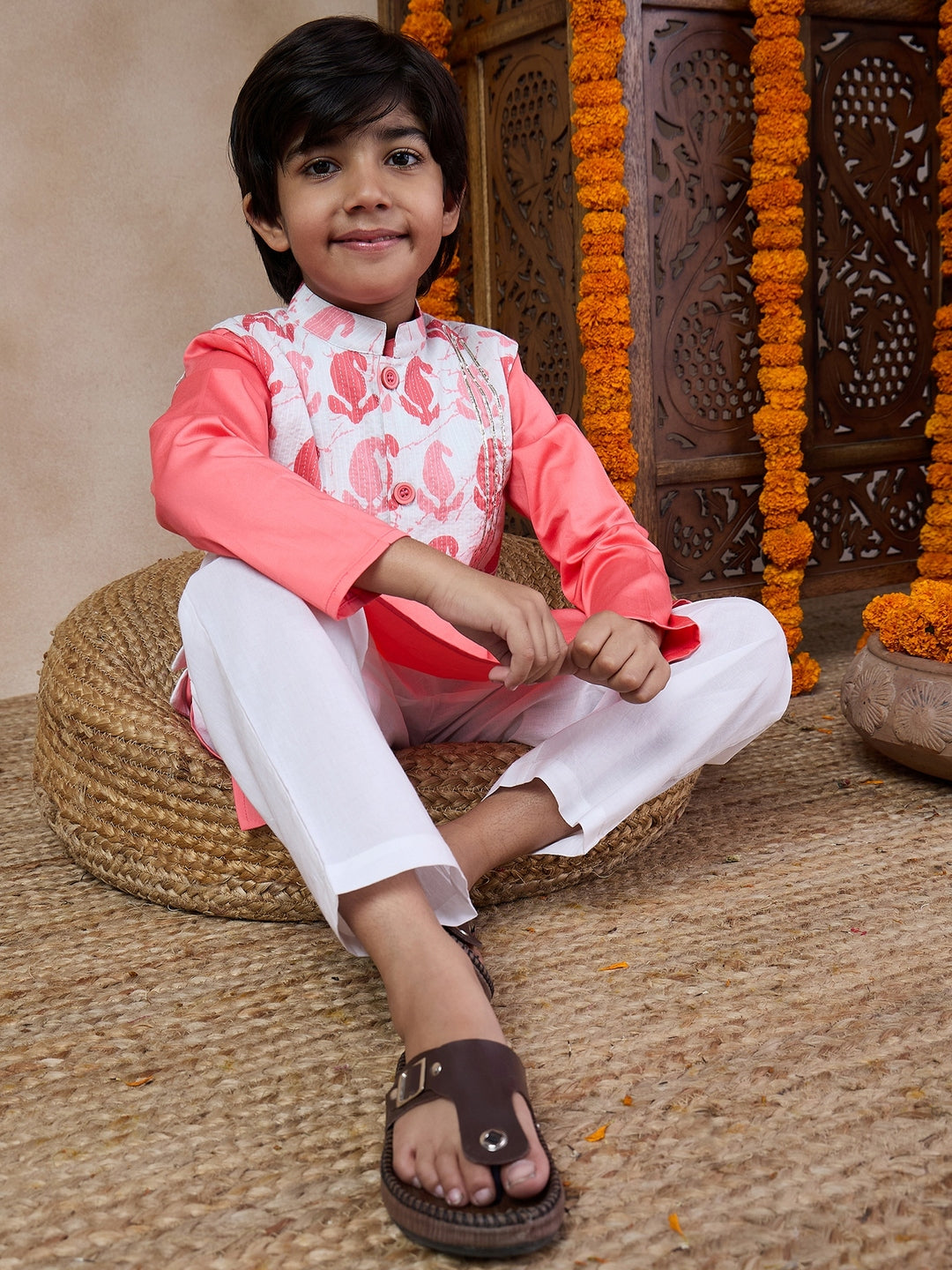 Boys Mandarin Collar Long Sleeves Straight Kurta With Pyjamas Jacket (KP-PEACHDOBBY)
