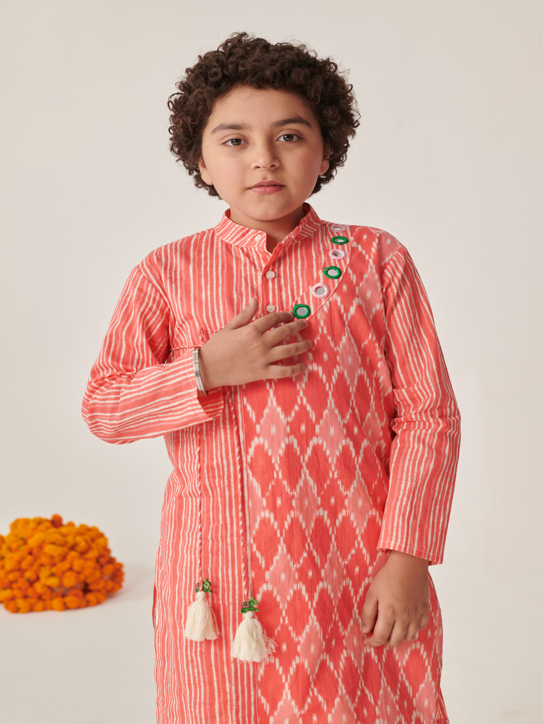 Boys Ethnic Motifs Printed Angrakha Kurta With Dhoti Pants (KP-PEACHIKKAT)