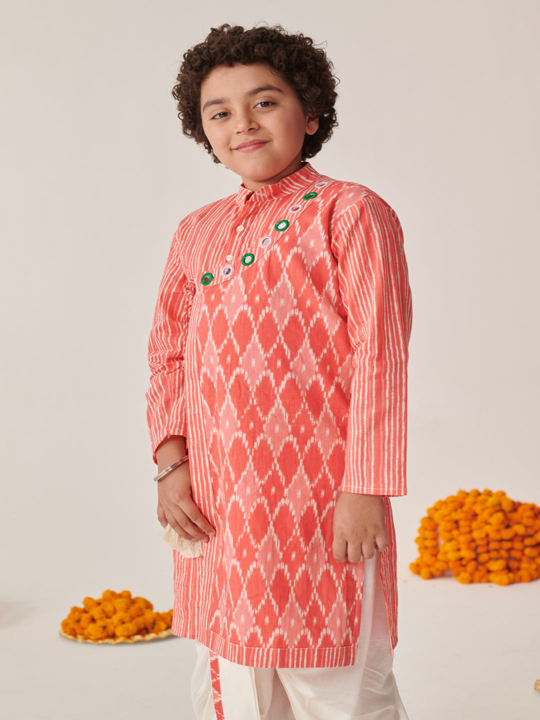 Boys Ethnic Motifs Printed Angrakha Kurta With Dhoti Pants (KP-PEACHIKKAT)