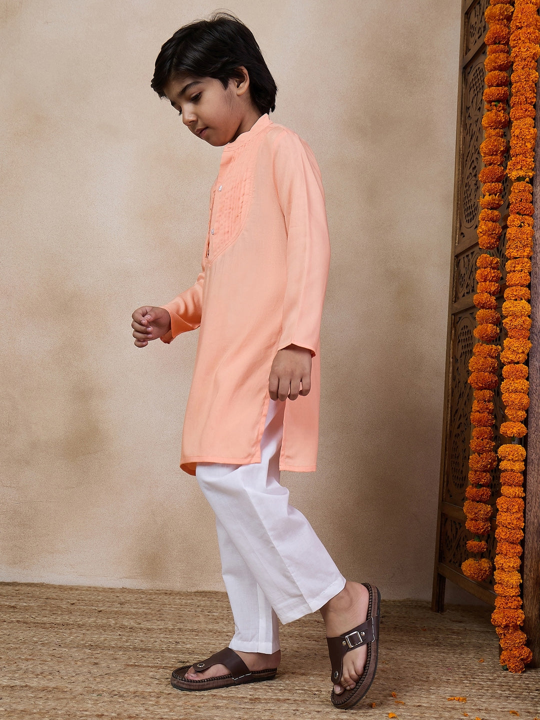 Boys Mandarin Collar Yoke Design Regular Kurta With Pyjamas (KP-PEACHPINTUCKS)