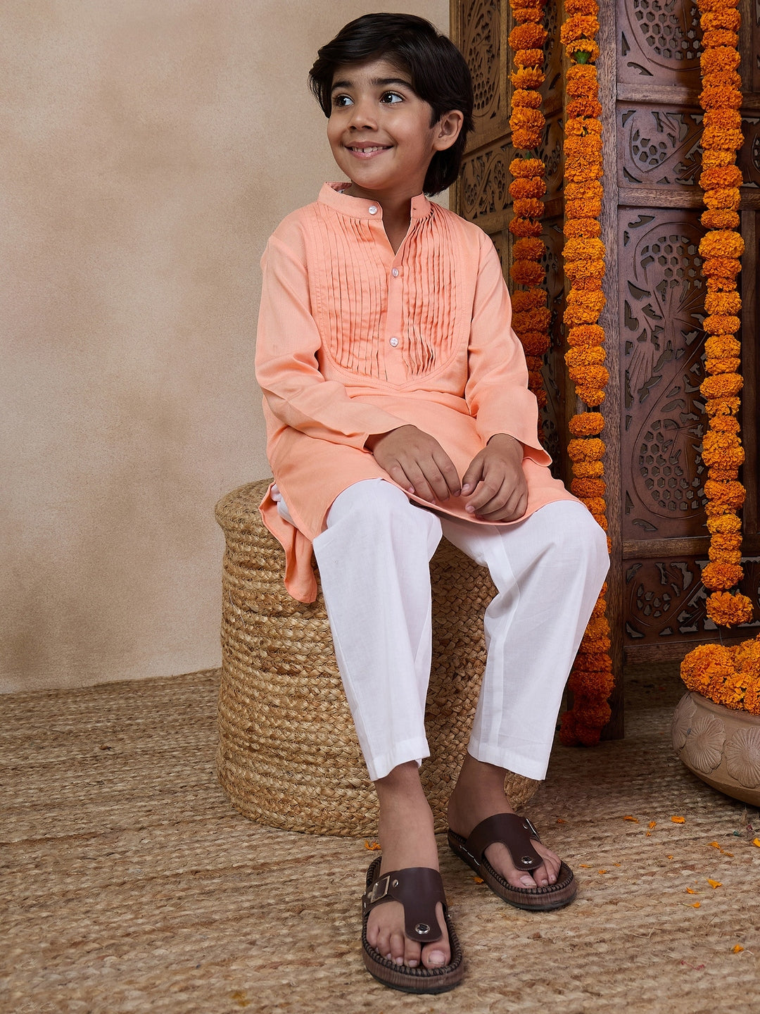 Boys Mandarin Collar Yoke Design Regular Kurta With Pyjamas (KP-PEACHPINTUCKS)