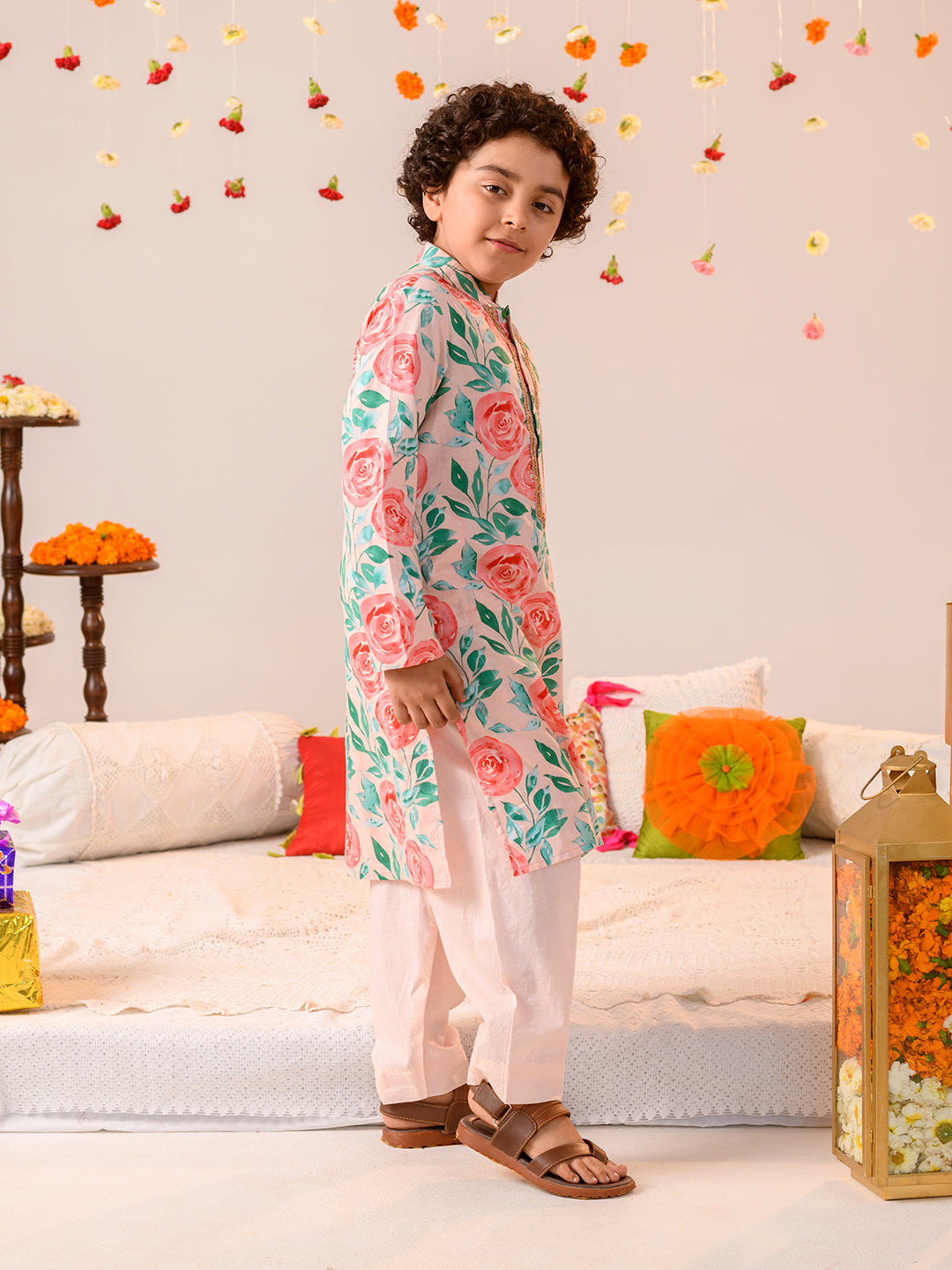Boys Floral Printed Pure Cotton Kurta with Pyjamas (KP-PEACHREDFLOWER)