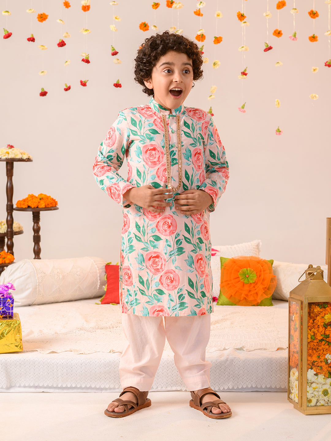 Boys Floral Printed Pure Cotton Kurta with Pyjamas (KP-PEACHREDFLOWER)