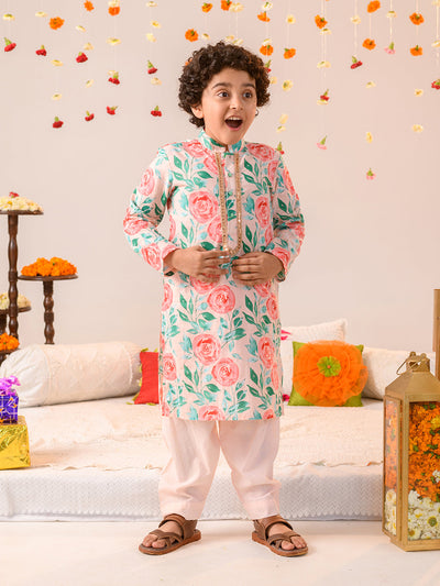 Boys Floral Printed Pure Cotton Kurta with Pyjamas (KP-PEACHREDFLOWER)