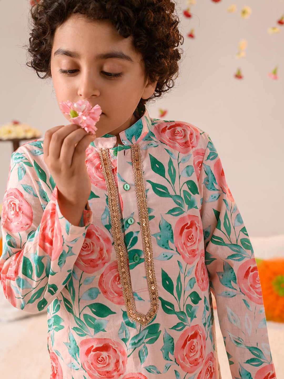 Boys Floral Printed Pure Cotton Kurta with Pyjamas (KP-PEACHREDFLOWER)