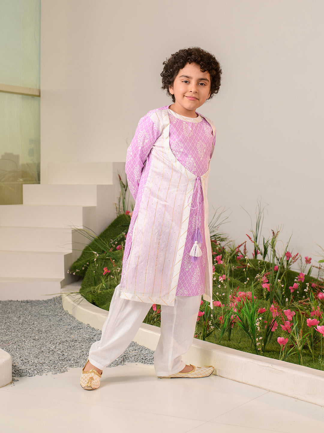 Boys Ethnic Motifs Printed Pure Cotton Kurta With Pyjamas (KP-PURPLEWHITE)