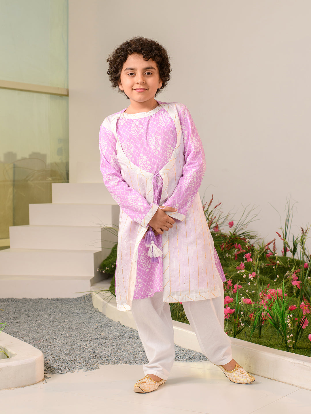Boys Ethnic Motifs Printed Pure Cotton Kurta With Pyjamas (KP-PURPLEWHITE)