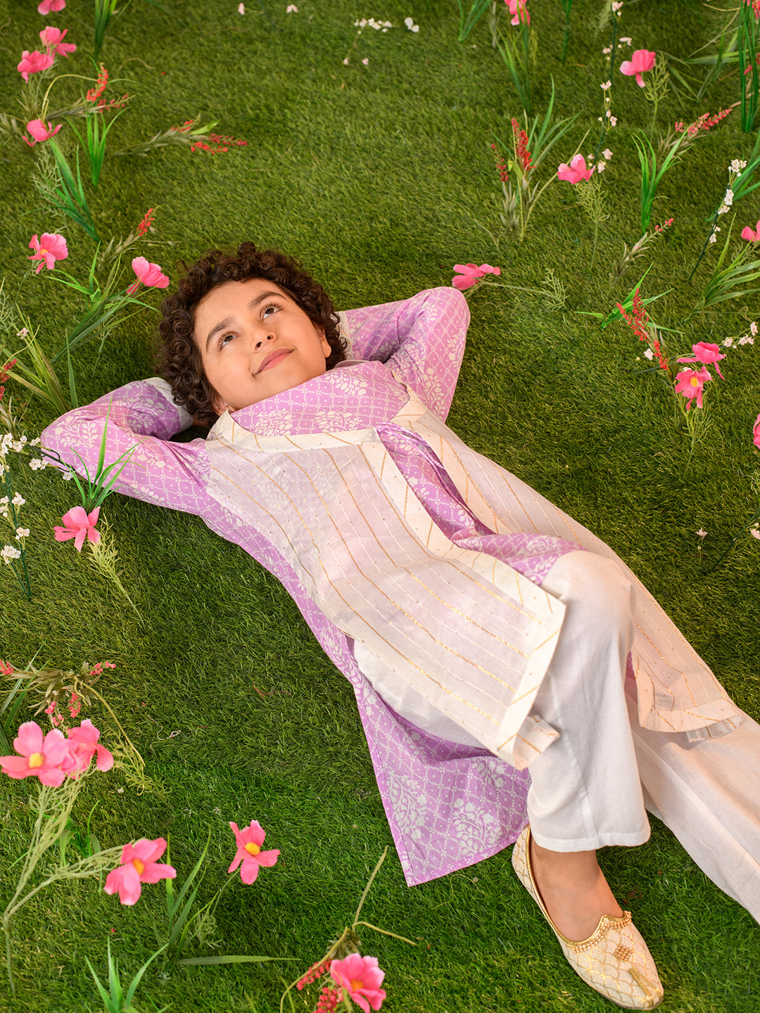 Boys Ethnic Motifs Printed Pure Cotton Kurta With Pyjamas (KP-PURPLEWHITE)