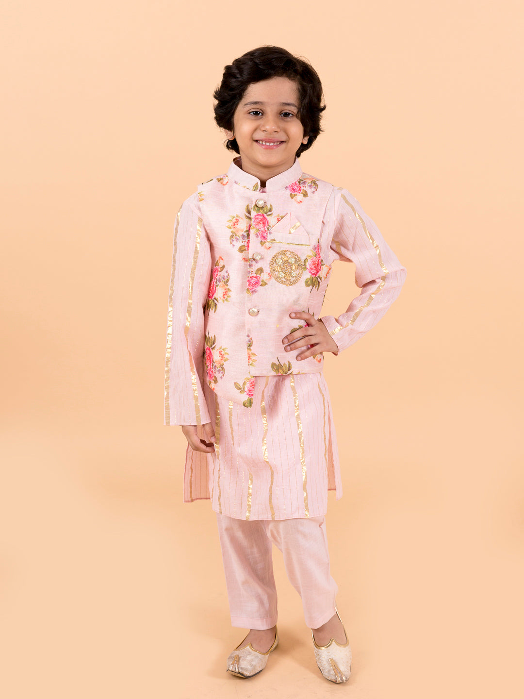 Kids-Boys Pink Floral Printed Pure Cotton Kurta with Trousers and Nehru Jacket (kp-pinkggt)