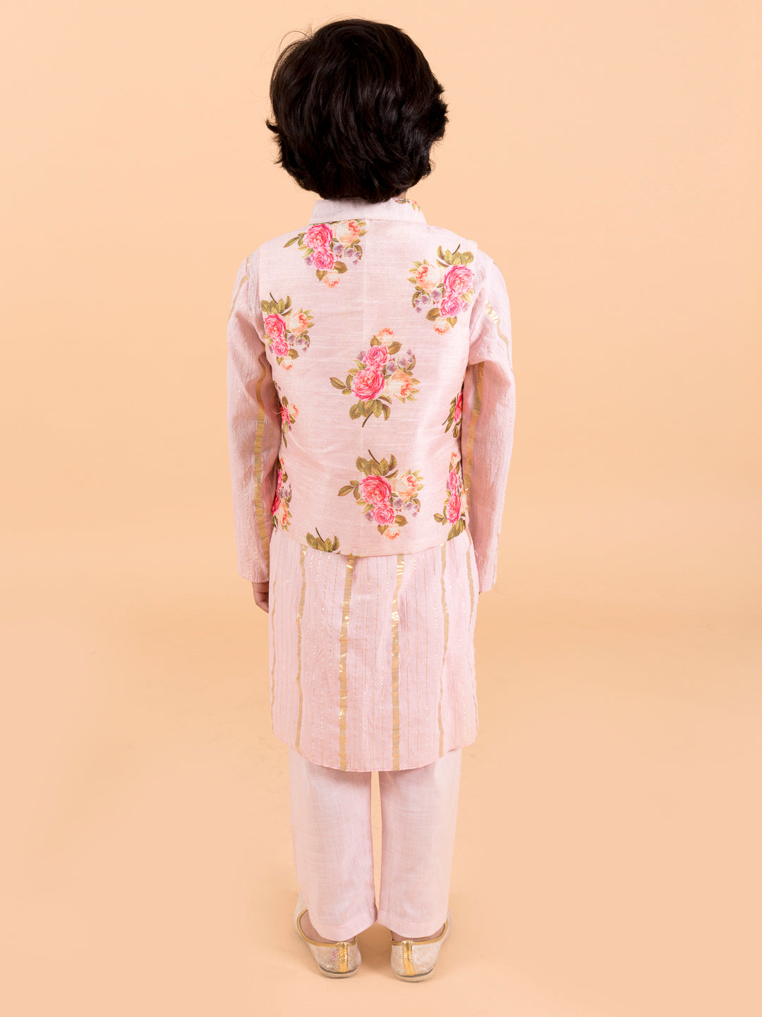 Kids-Boys Pink Floral Printed Pure Cotton Kurta with Trousers and Nehru Jacket (kp-pinkggt)