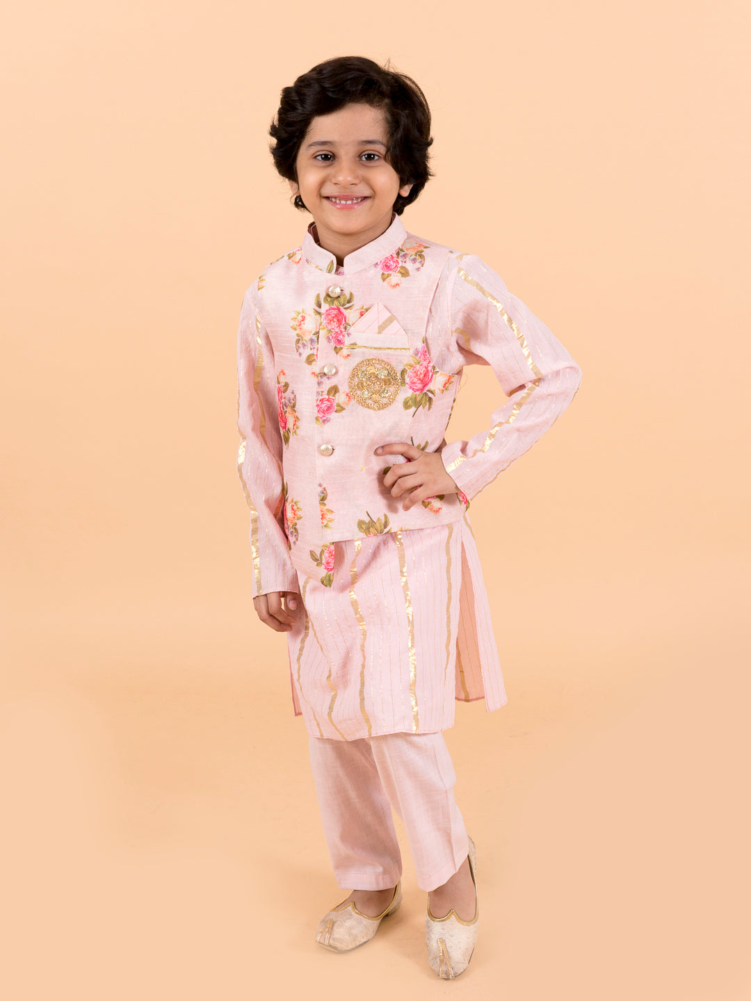 Kids-Boys Pink Floral Printed Pure Cotton Kurta with Trousers and Nehru Jacket (kp-pinkggt)