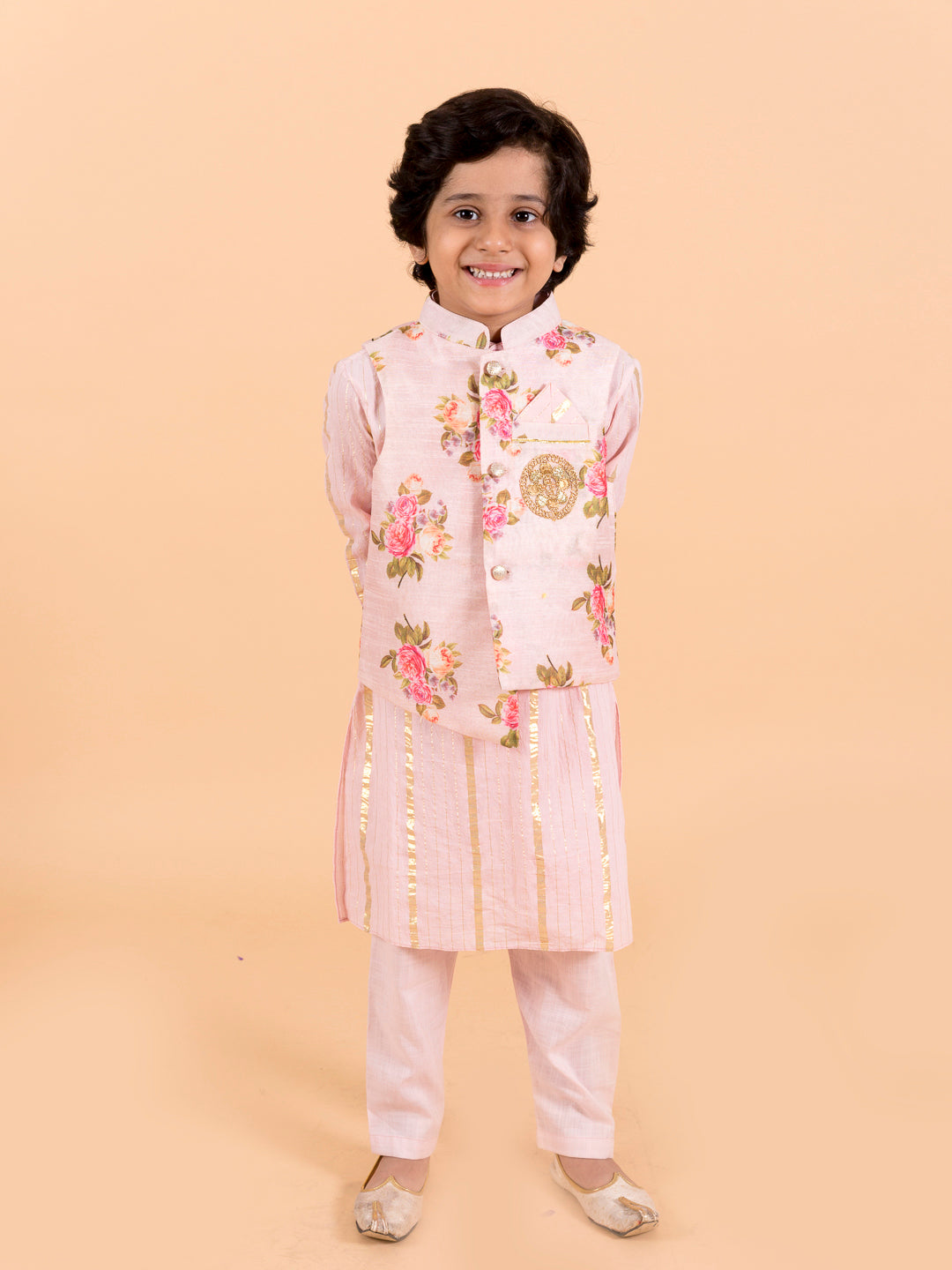 Kids-Boys Pink Floral Printed Pure Cotton Kurta with Trousers and Nehru Jacket (kp-pinkggt)
