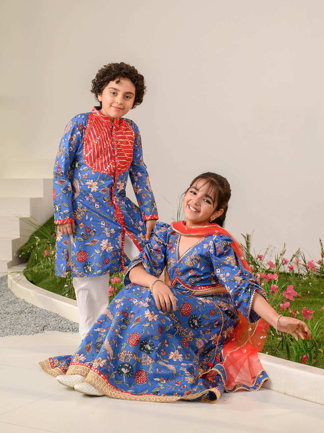 Boys Floral Printed Pure Cotton Kurta with Pyjamas (KP-REDPATRA)