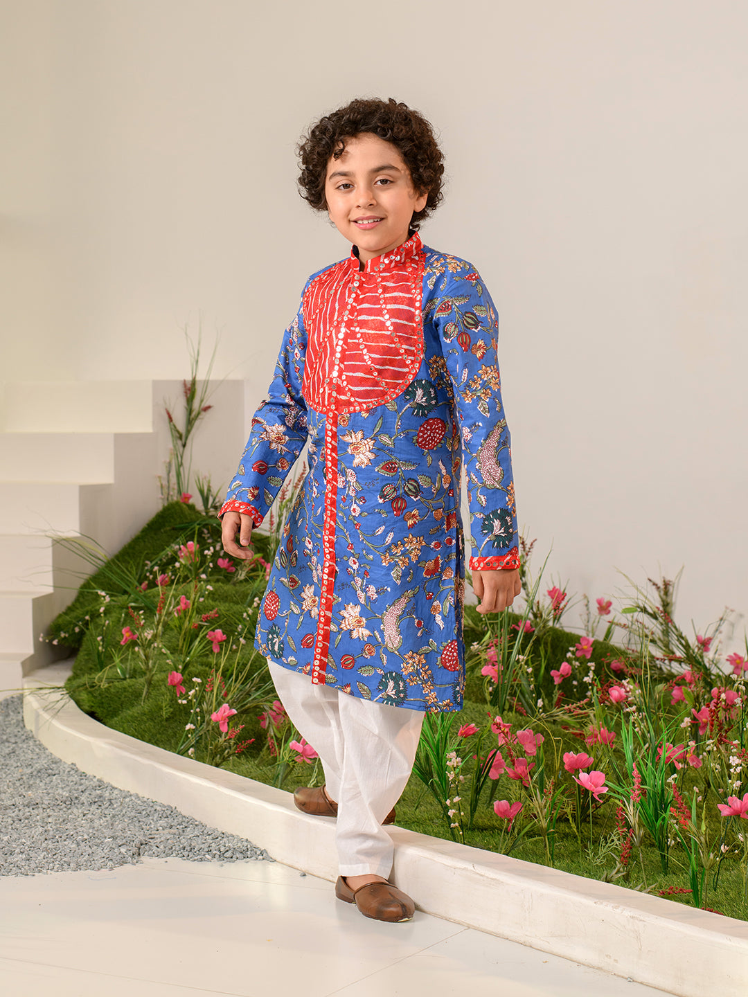 Boys Floral Printed Pure Cotton Kurta with Pyjamas (KP-REDPATRA)