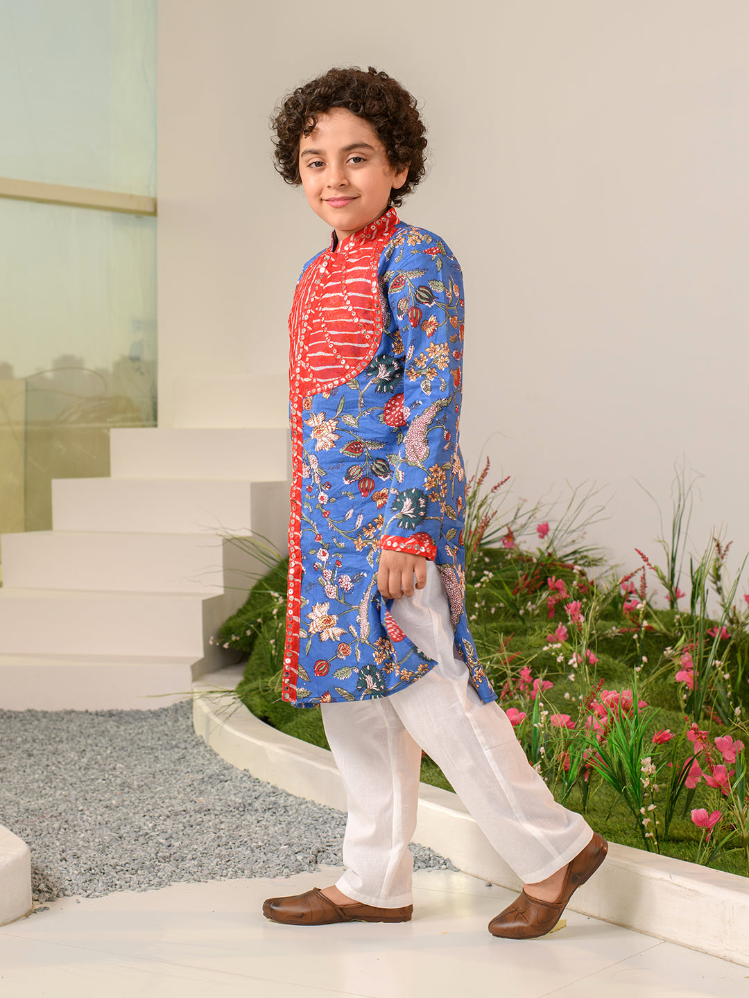 Boys Floral Printed Pure Cotton Kurta with Pyjamas (KP-REDPATRA)