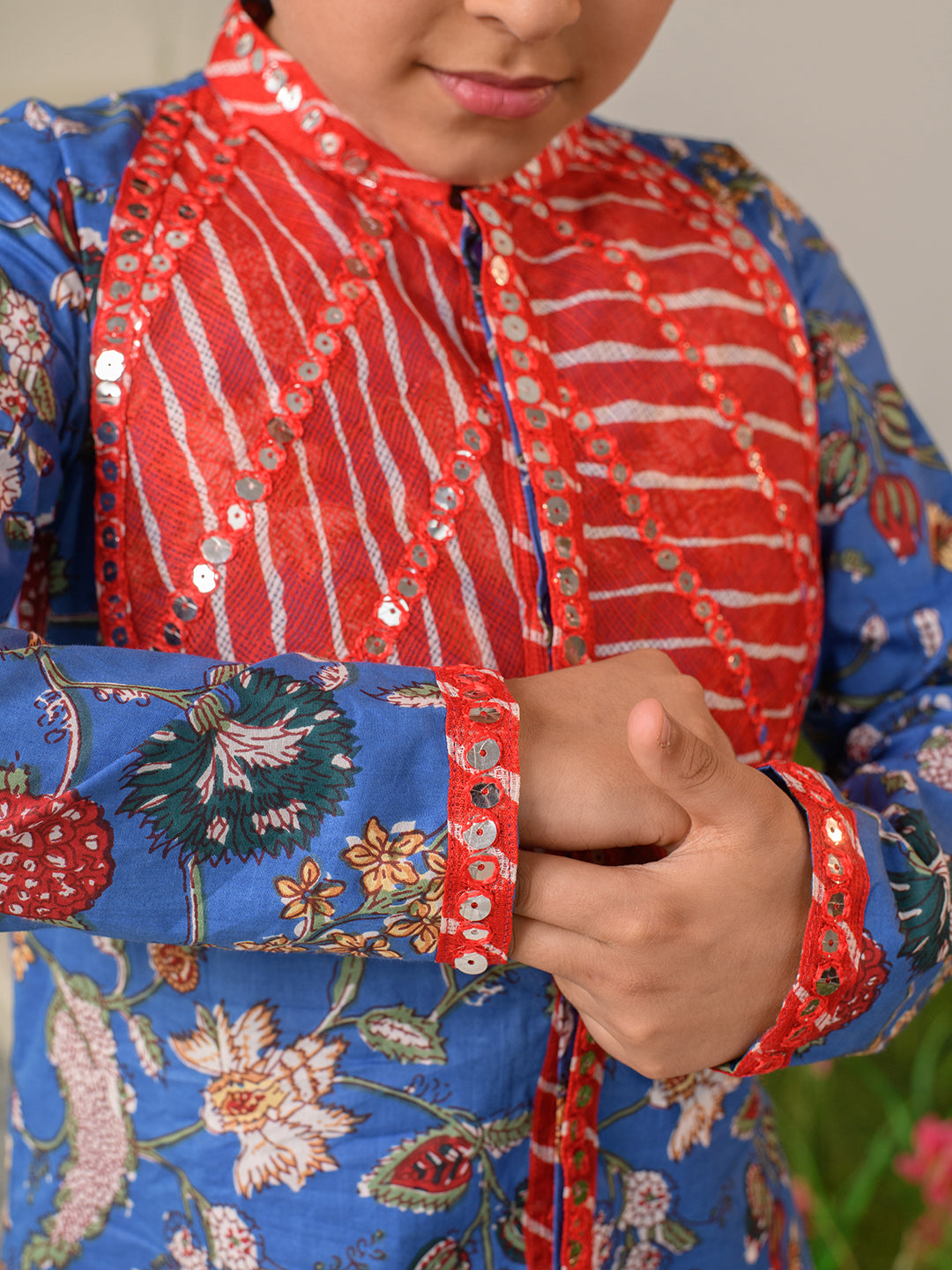 Boys Floral Printed Pure Cotton Kurta with Pyjamas (KP-REDPATRA)