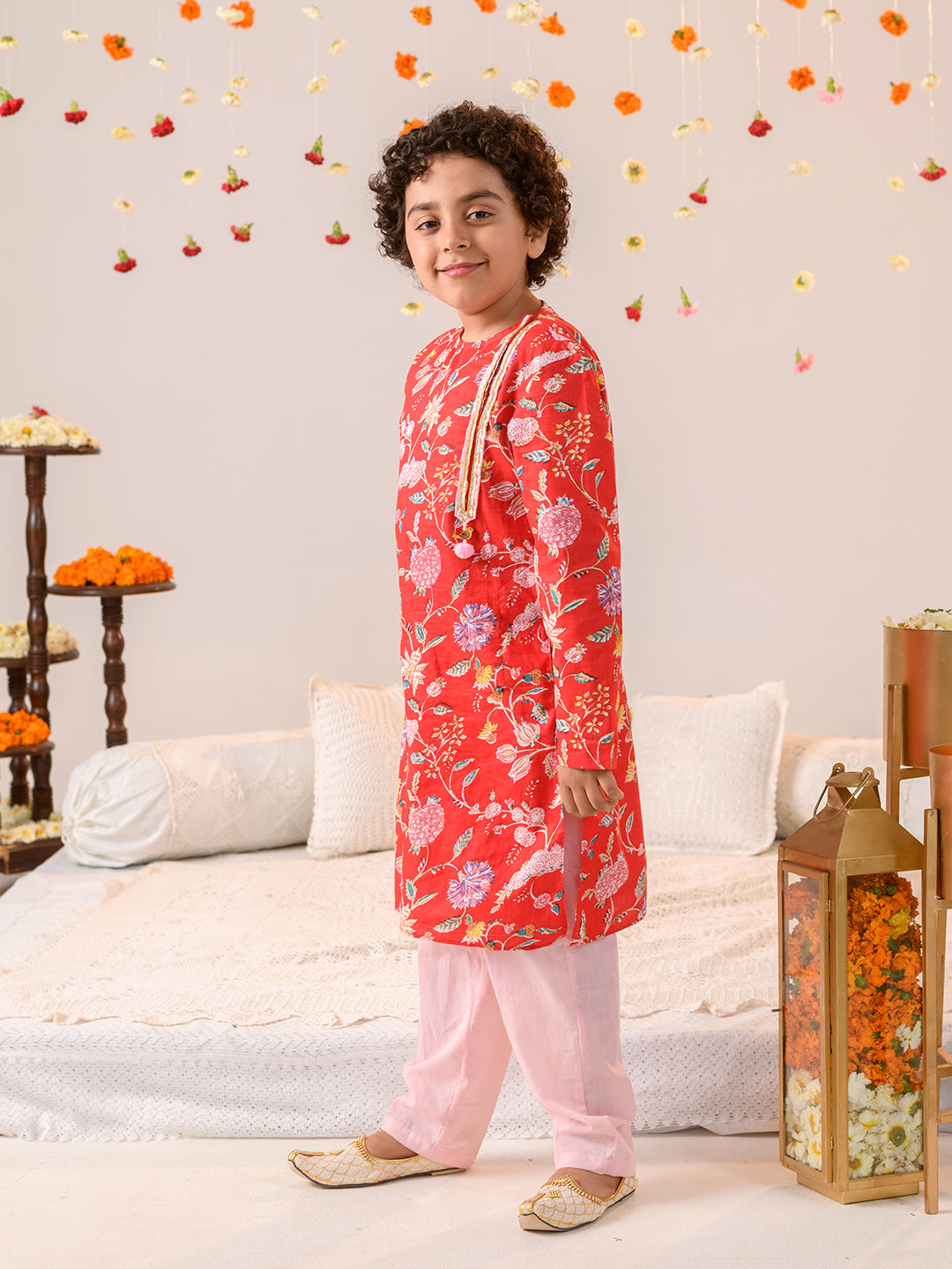 Boys Floral Printed Regular Pure Cotton Kurta With Pyjamas (KP-REDPINKFLOWER)
