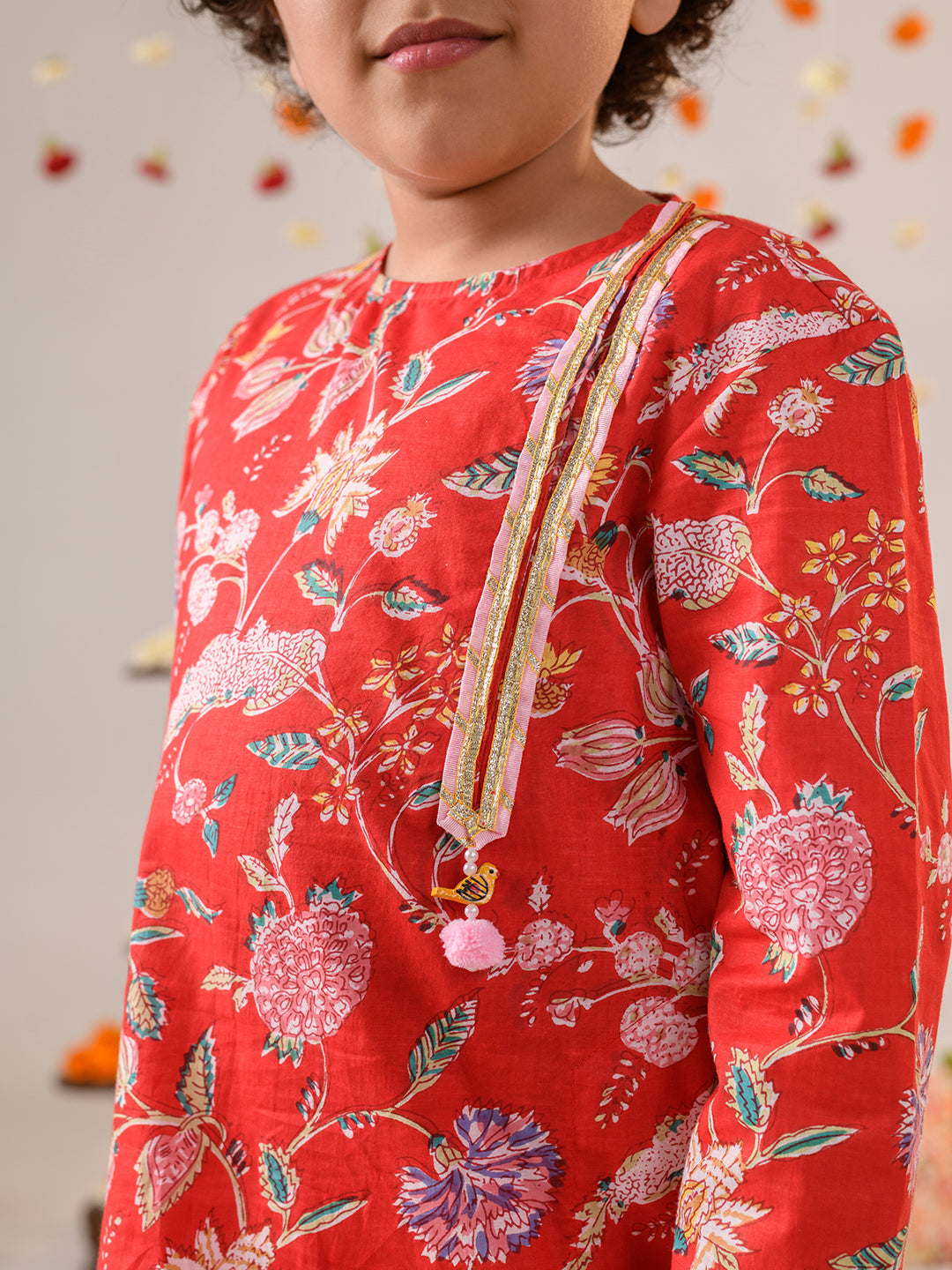 Boys Floral Printed Regular Pure Cotton Kurta With Pyjamas (KP-REDPINKFLOWER)