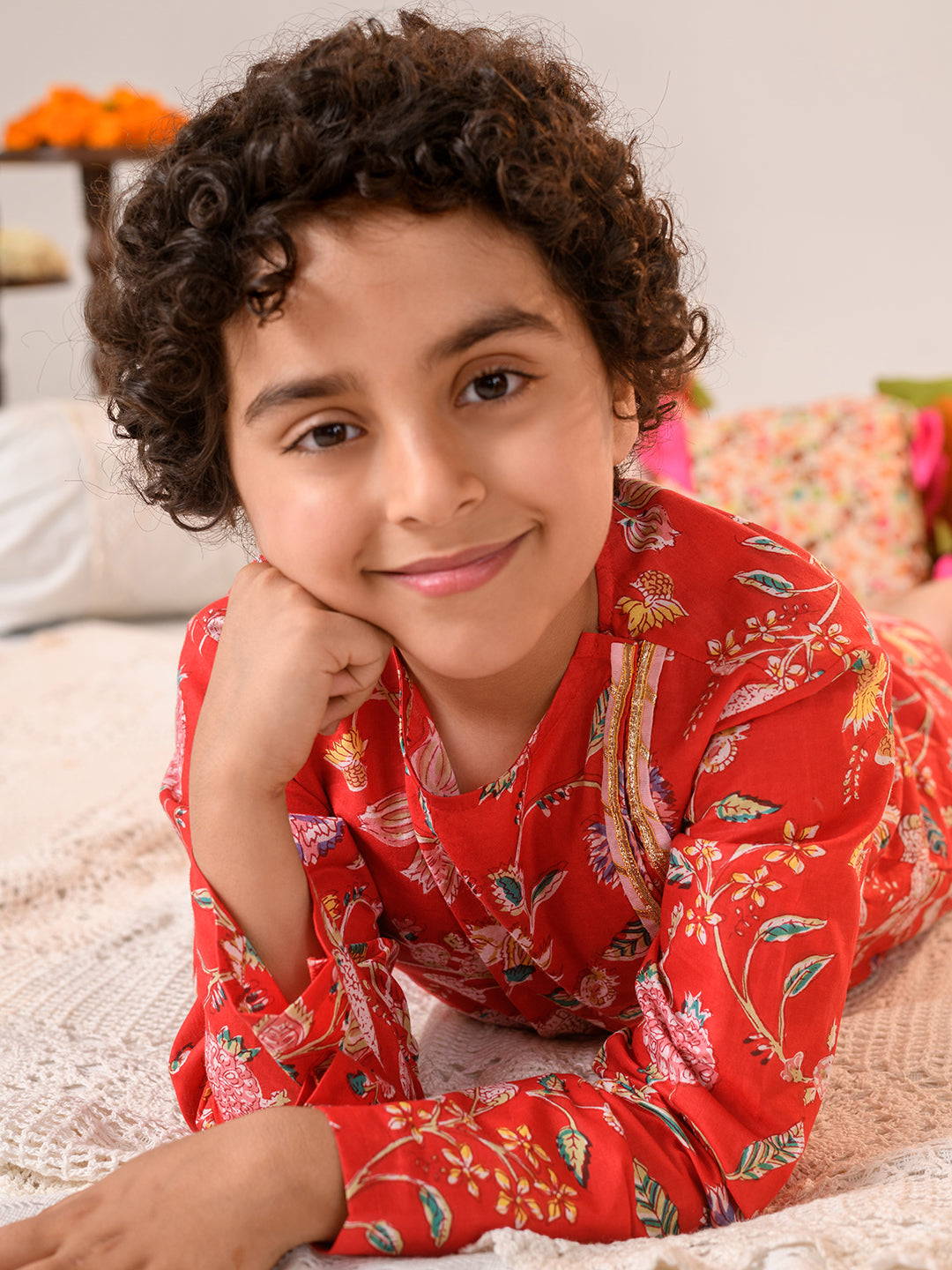 Boys Floral Printed Regular Pure Cotton Kurta With Pyjamas (KP-REDPINKFLOWER)