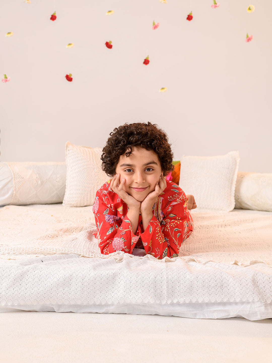 Boys Floral Printed Regular Pure Cotton Kurta With Pyjamas (KP-REDPINKFLOWER)