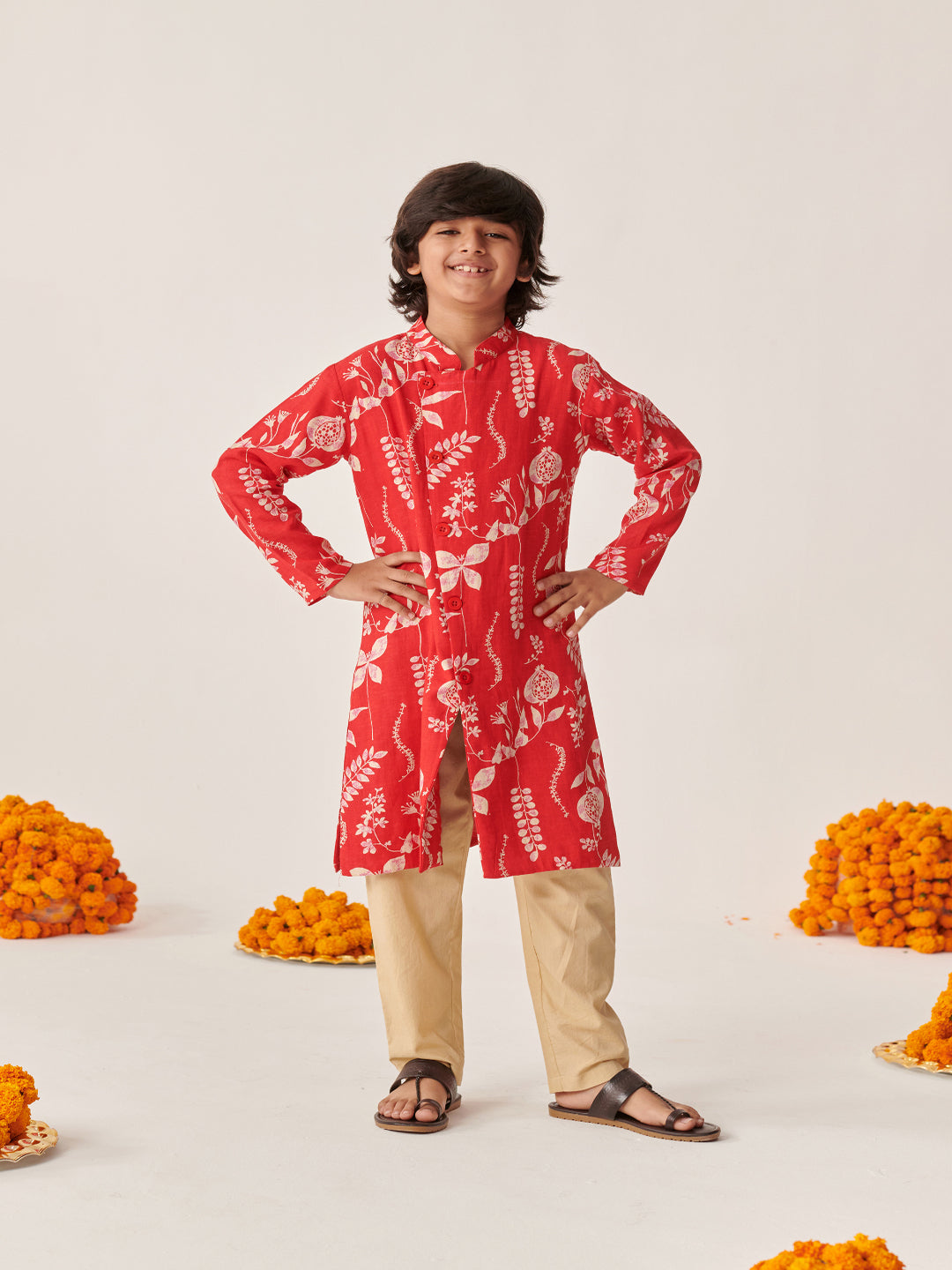 Boys Floral Printed Regular Kurta With Pyjamas (KP-REDRAYONPRINT)