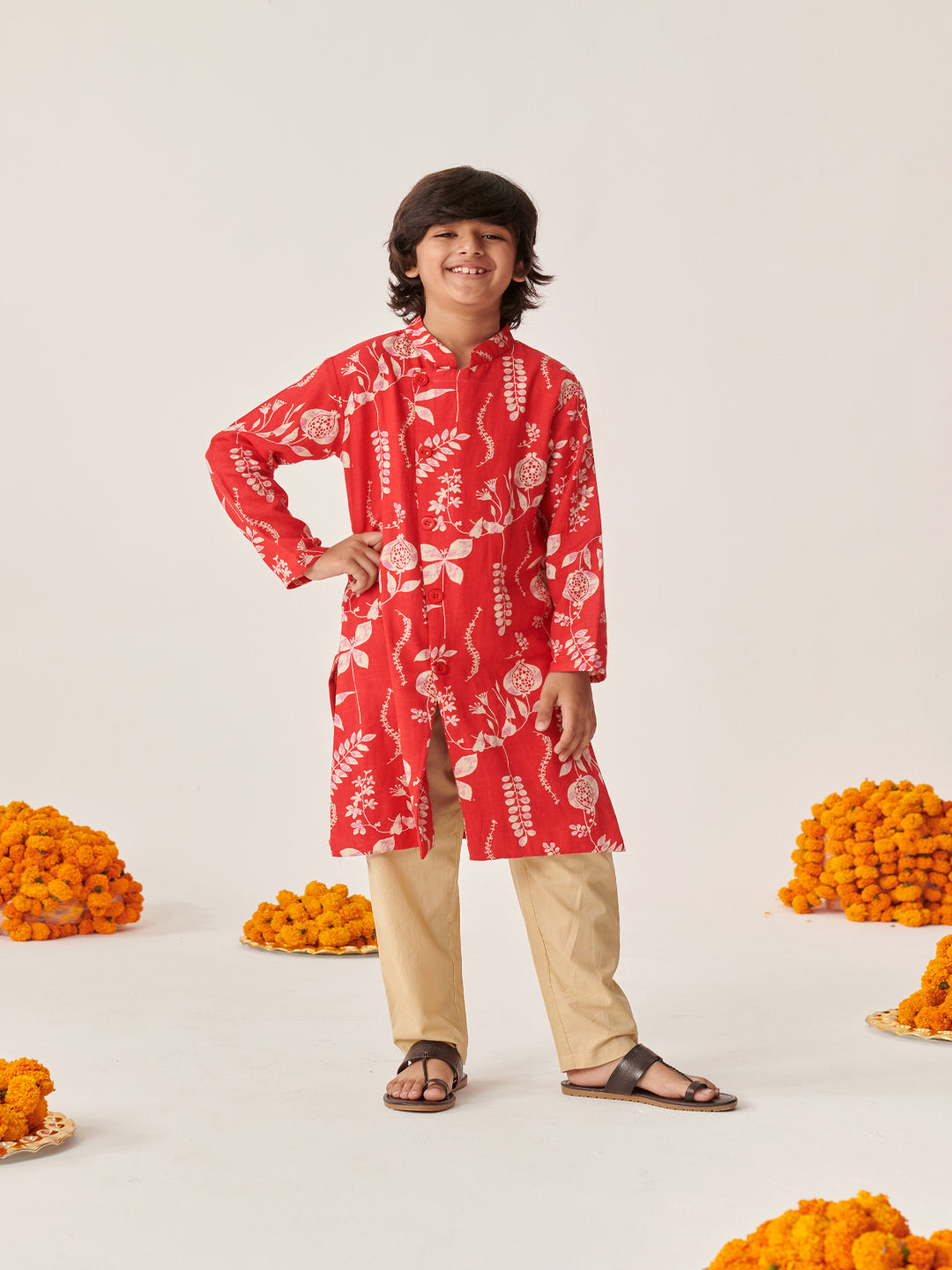 Boys Floral Printed Regular Kurta With Pyjamas (KP-REDRAYONPRINT)