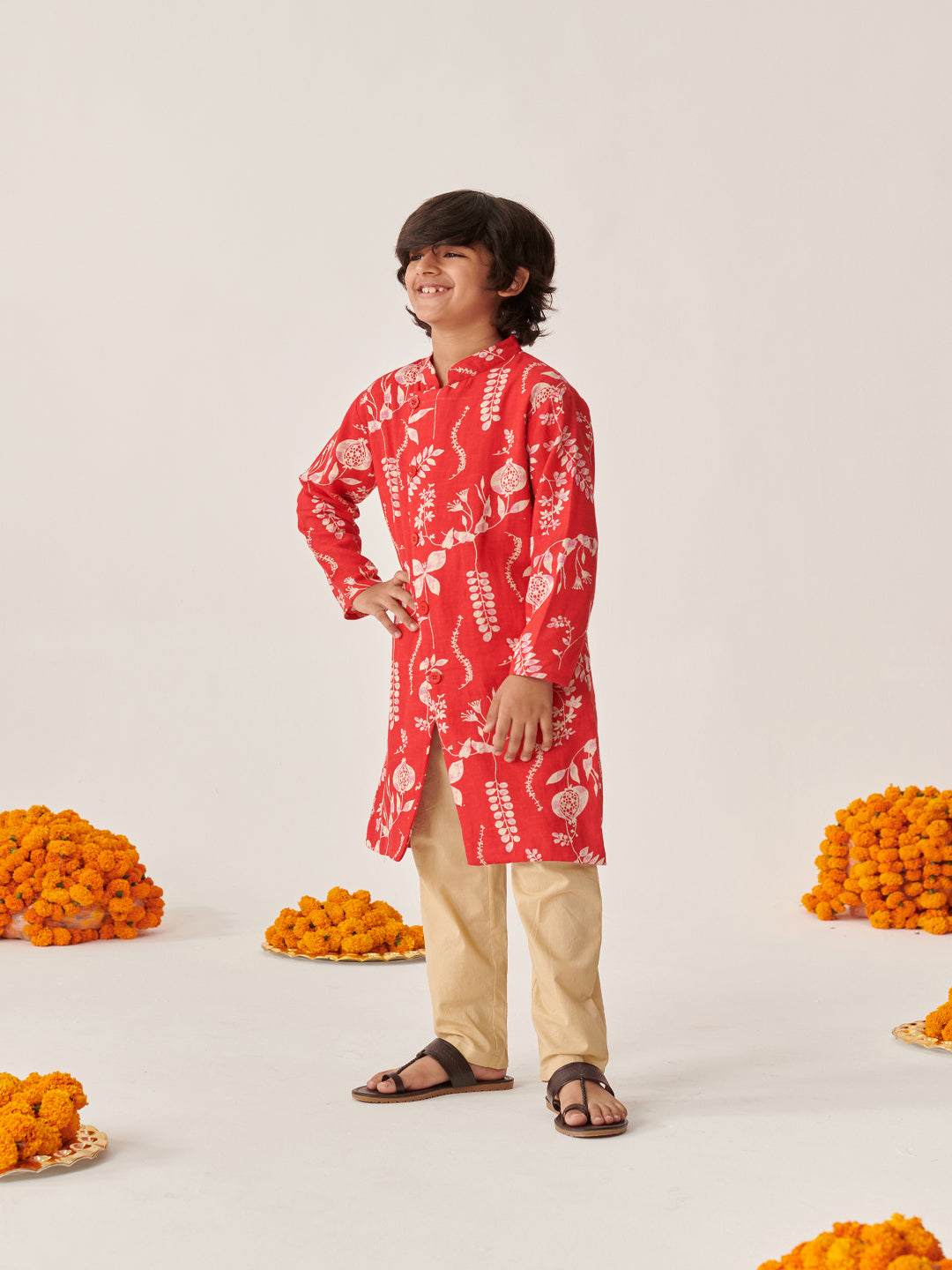 Boys Floral Printed Regular Kurta With Pyjamas (KP-REDRAYONPRINT)