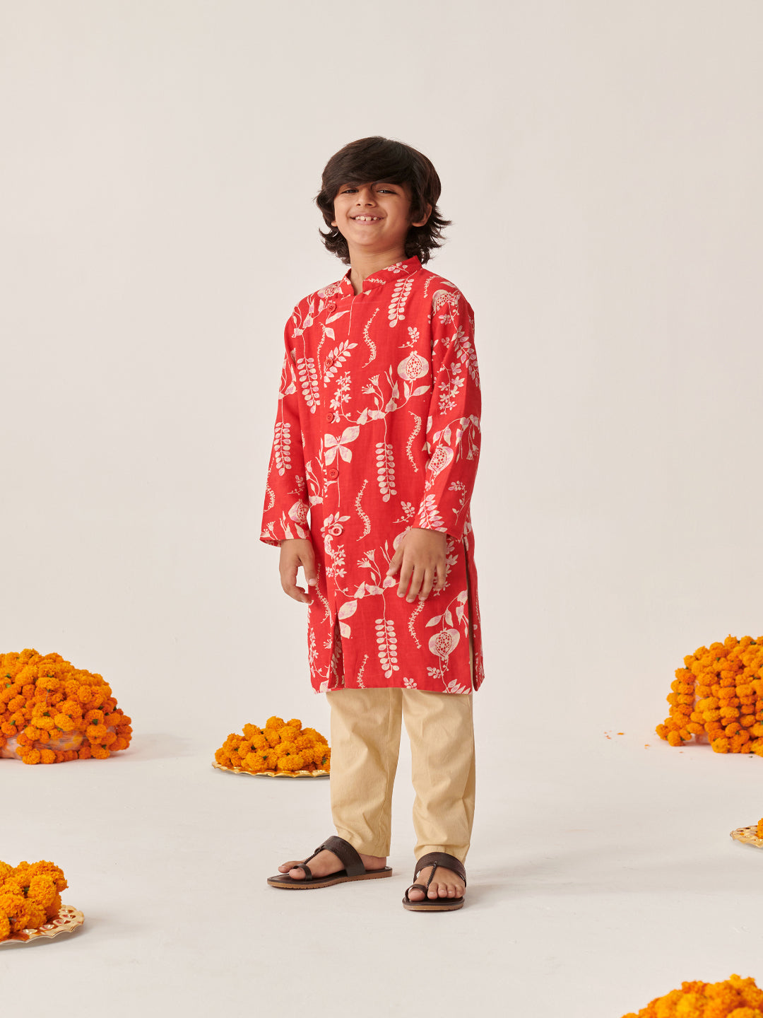 Boys Floral Printed Regular Kurta With Pyjamas (KP-REDRAYONPRINT)