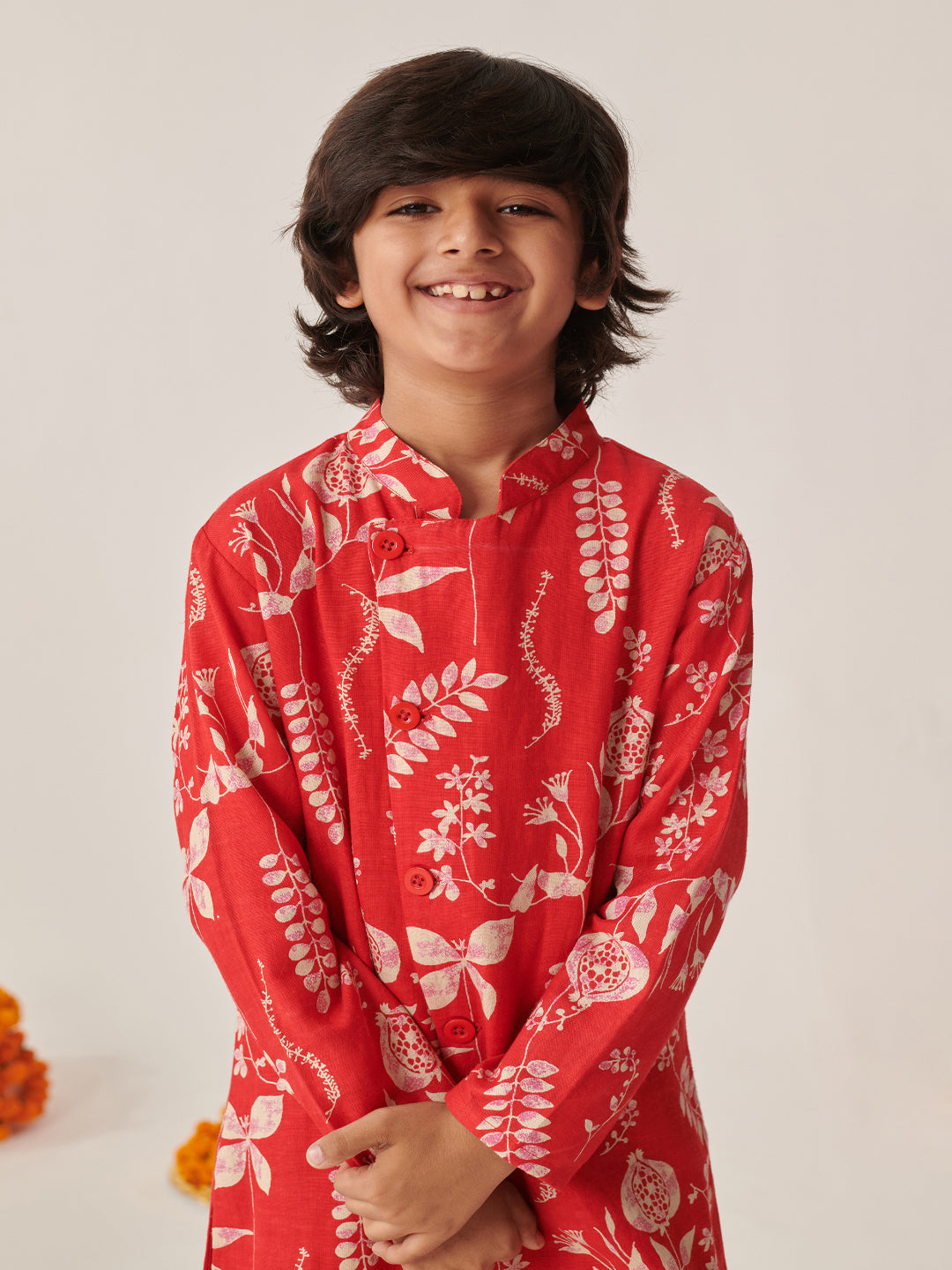 Boys Floral Printed Regular Kurta With Pyjamas (KP-REDRAYONPRINT)