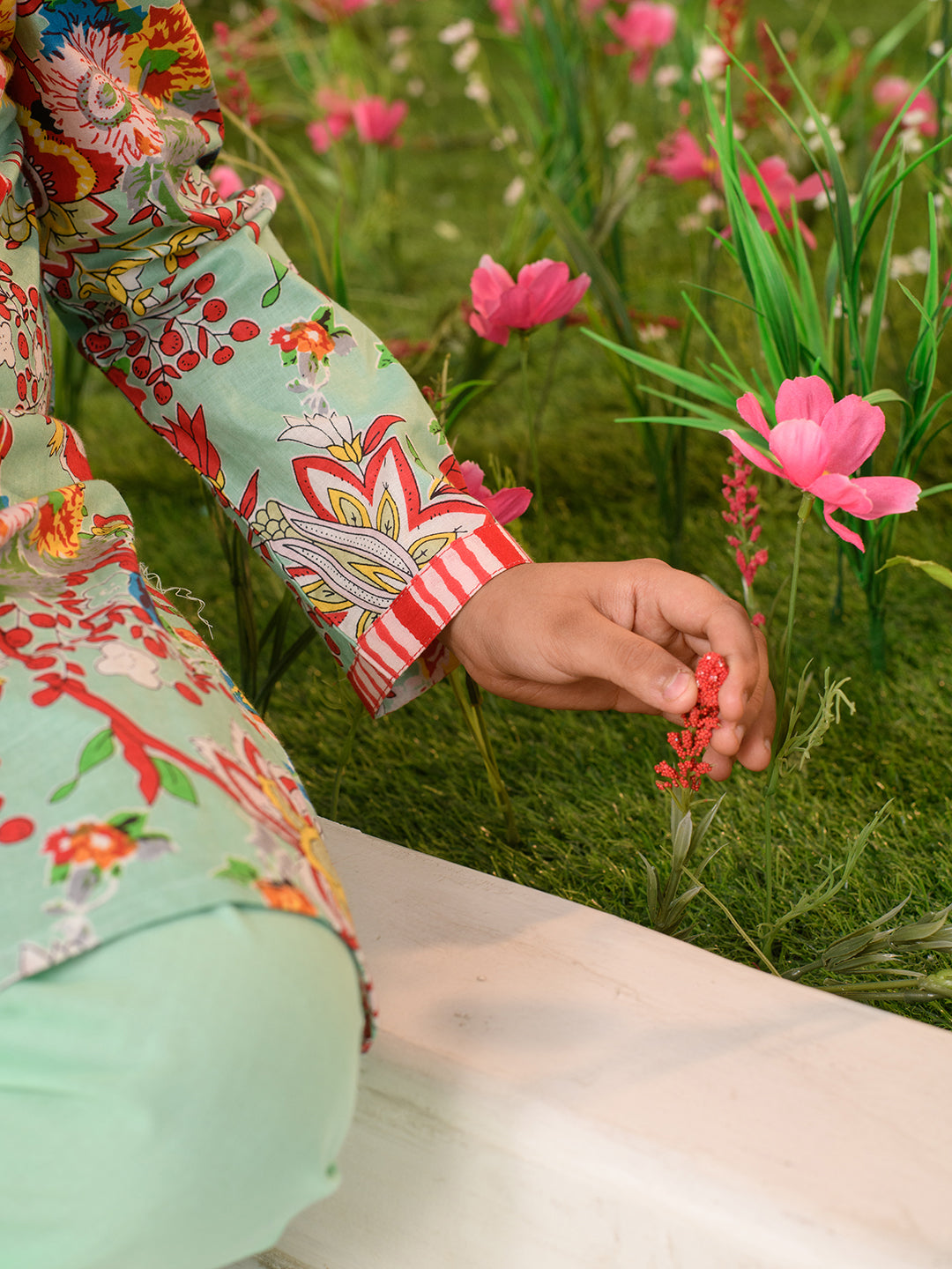 Boys Floral Printed Pure Cotton Kurta with Pyjamas (KP-REDSTRIPE)