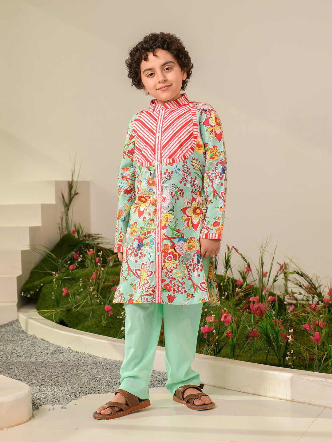 Boys Floral Printed Pure Cotton Kurta with Pyjamas (KP-REDSTRIPE)